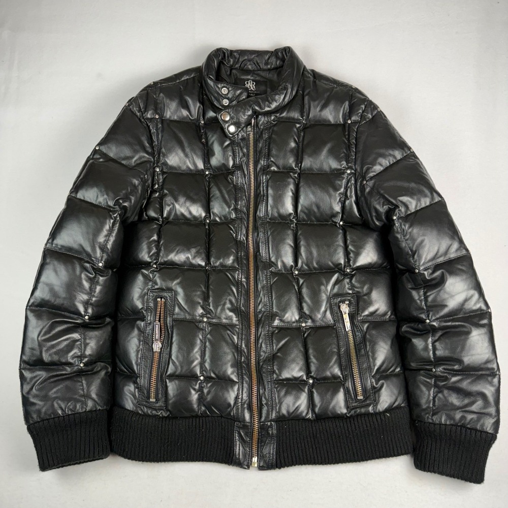Rock Republic Black Quilted Lamb Leather Down Puffer Bomber Jacket Size Large
